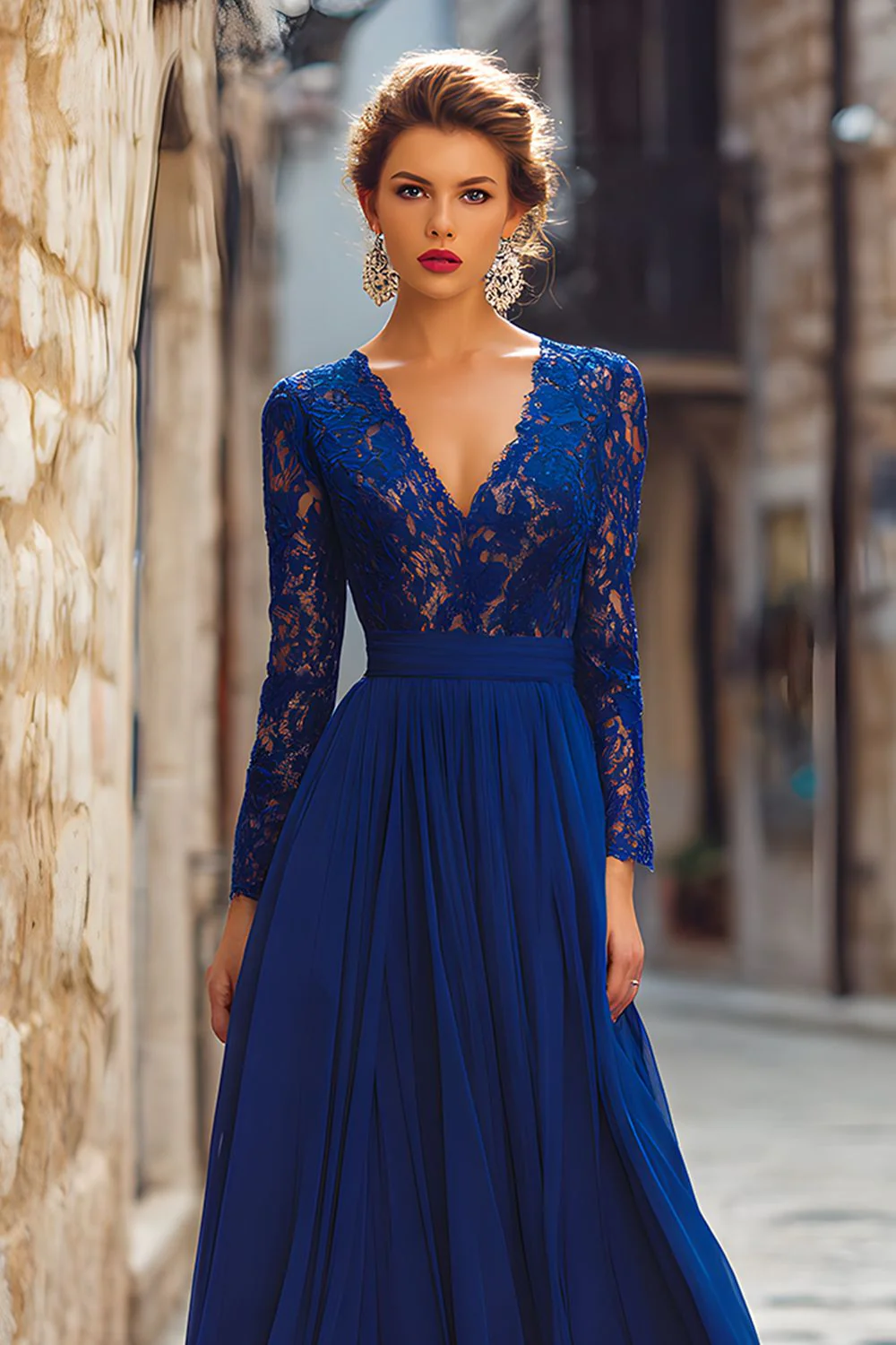 Dark Blue Chiffon V-Neck Long Sleeves Mother of the Bride Dress with Lace - Image 2
