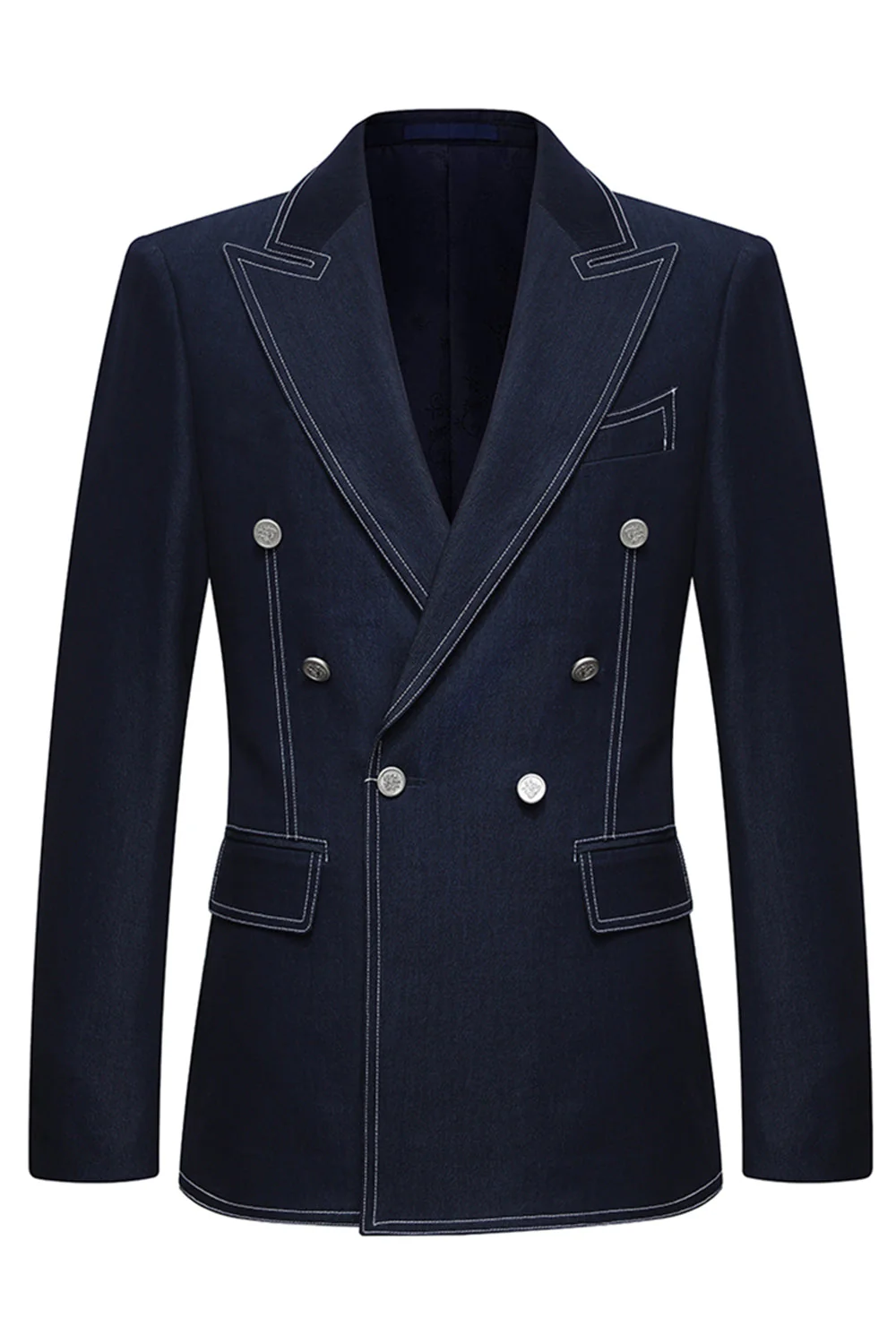 Dark Blue Double Breasted Peak Lapel Tailored 2 Piece Men's Suits - Image 2