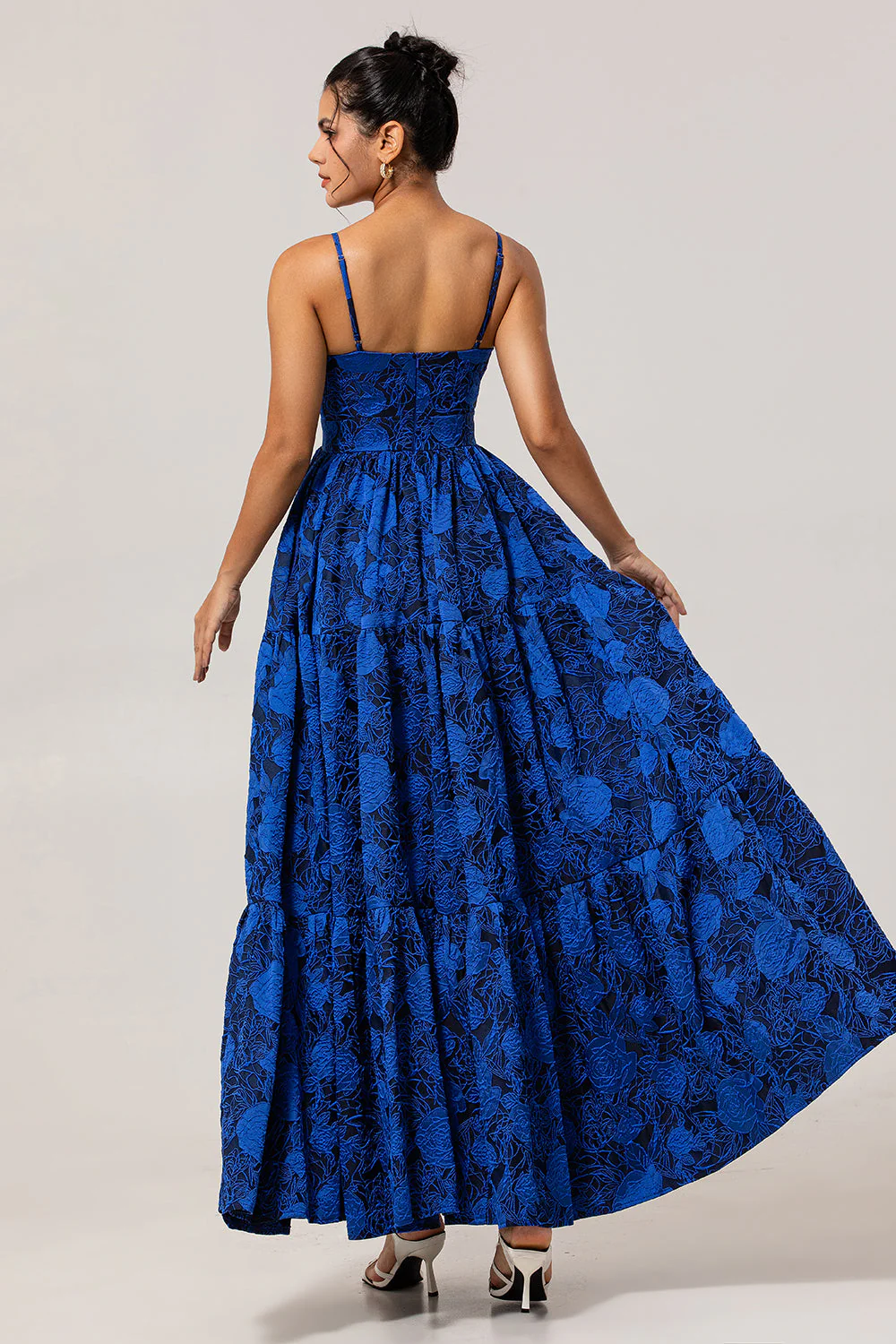 Dark Blue Jacquard A Line Spaghetti Straps Cut Out Prom Dress - Image 2