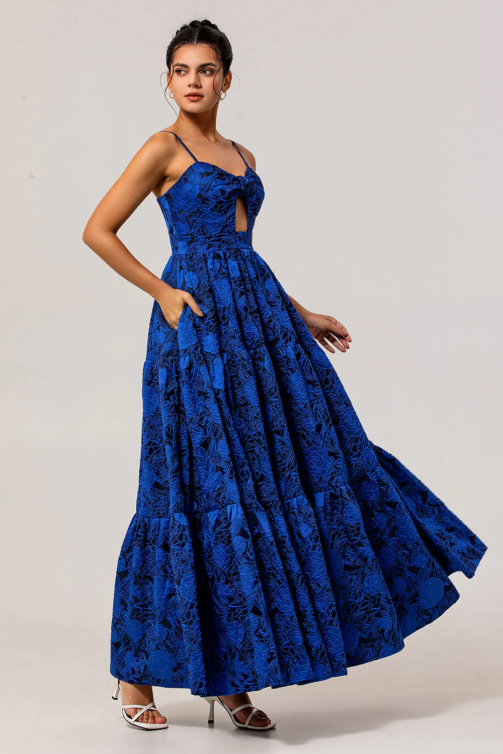 Dark Blue Jacquard A Line Spaghetti Straps Cut Out Prom Dress - Image 3
