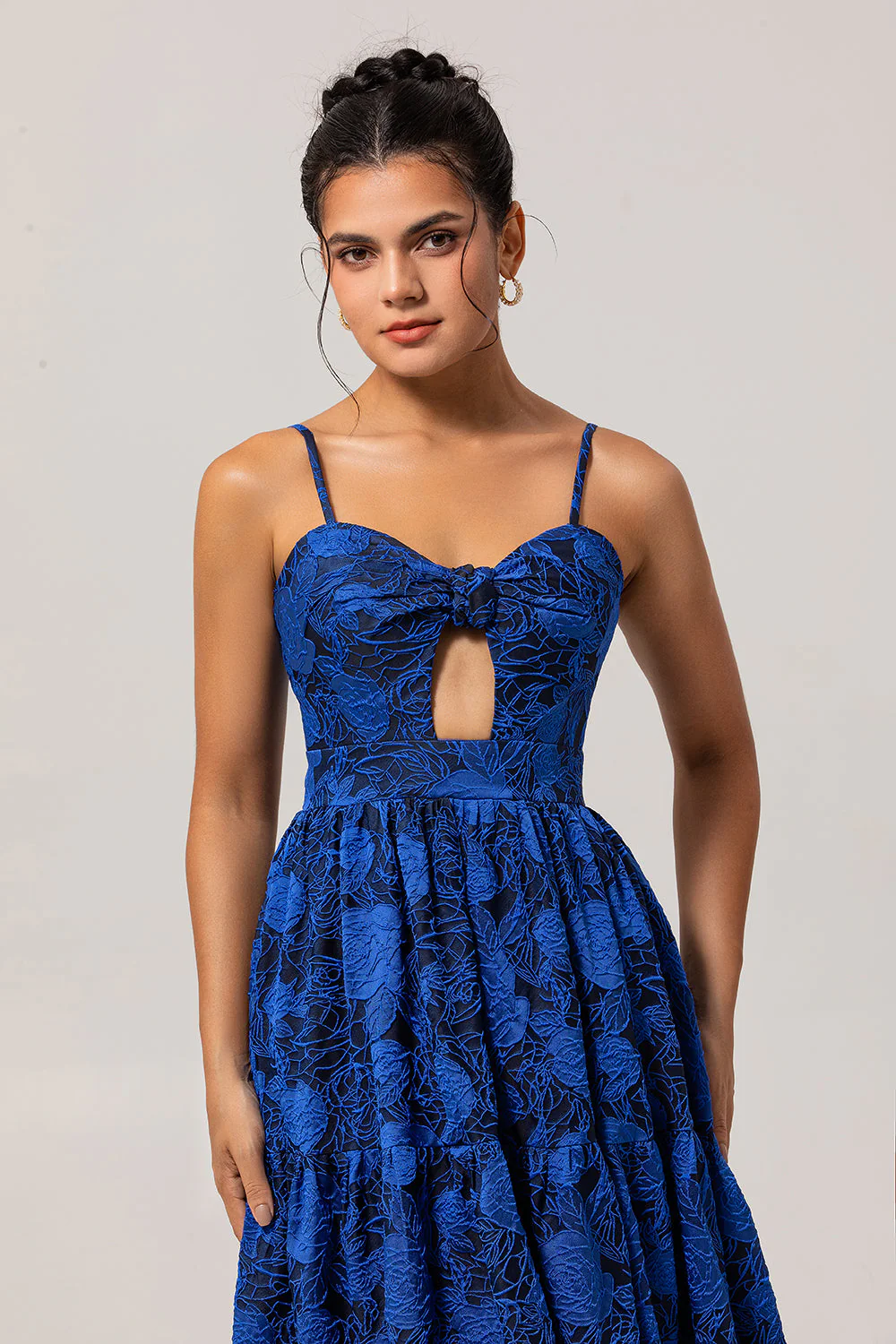 Dark Blue Jacquard A Line Spaghetti Straps Cut Out Prom Dress - Image 4