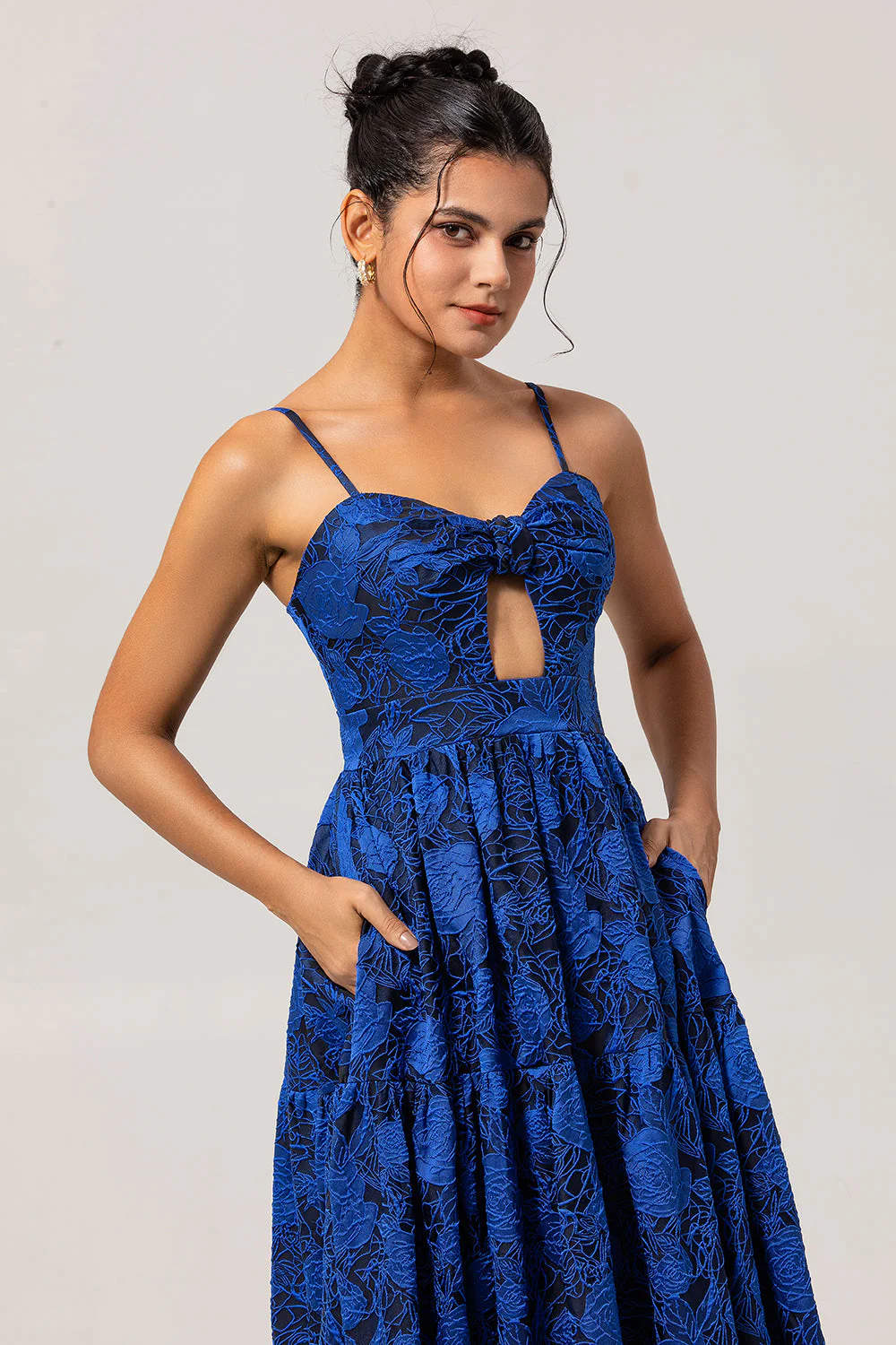 Dark Blue Jacquard A Line Spaghetti Straps Cut Out Prom Dress - Image 5