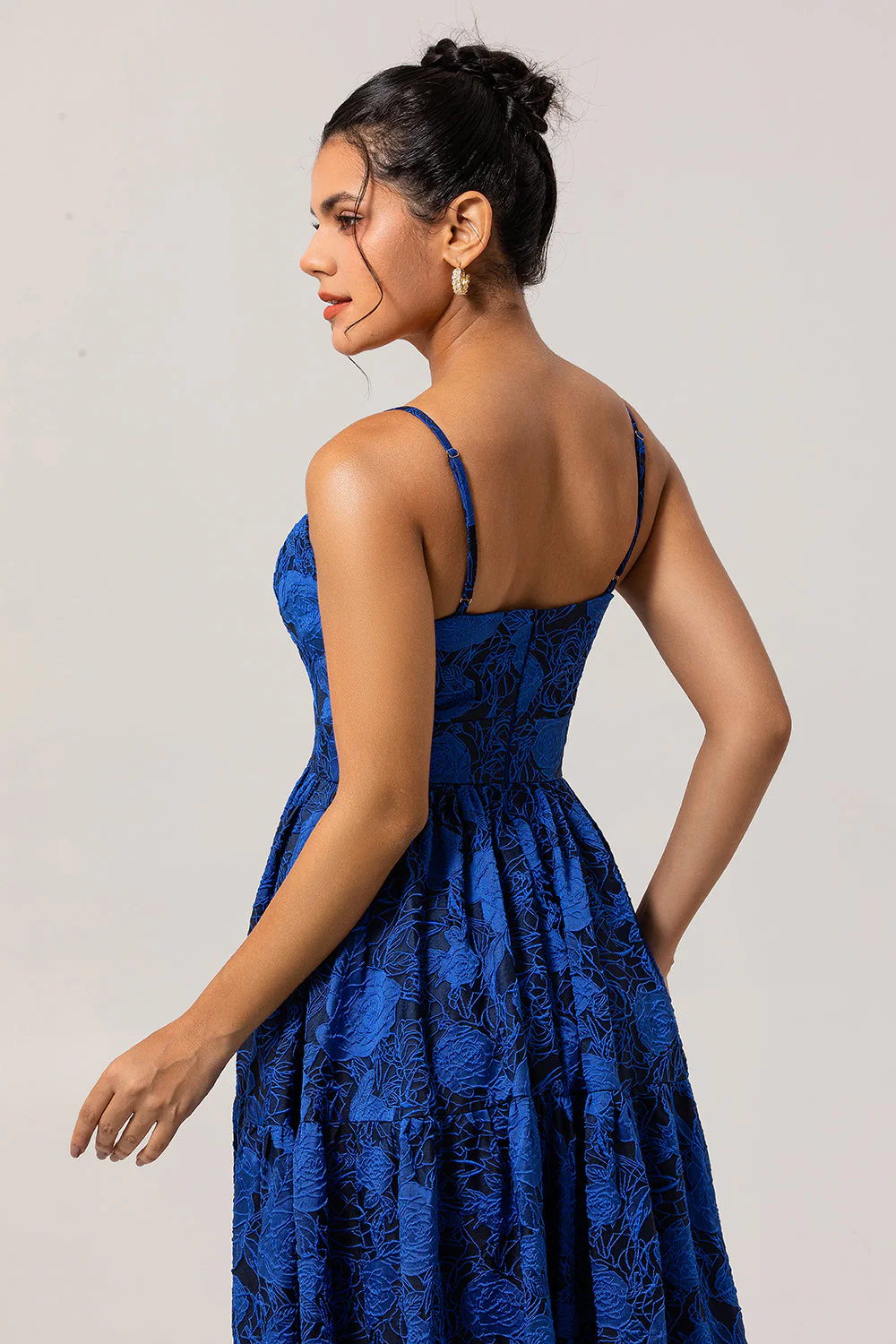 Dark Blue Jacquard A Line Spaghetti Straps Cut Out Prom Dress - Image 6