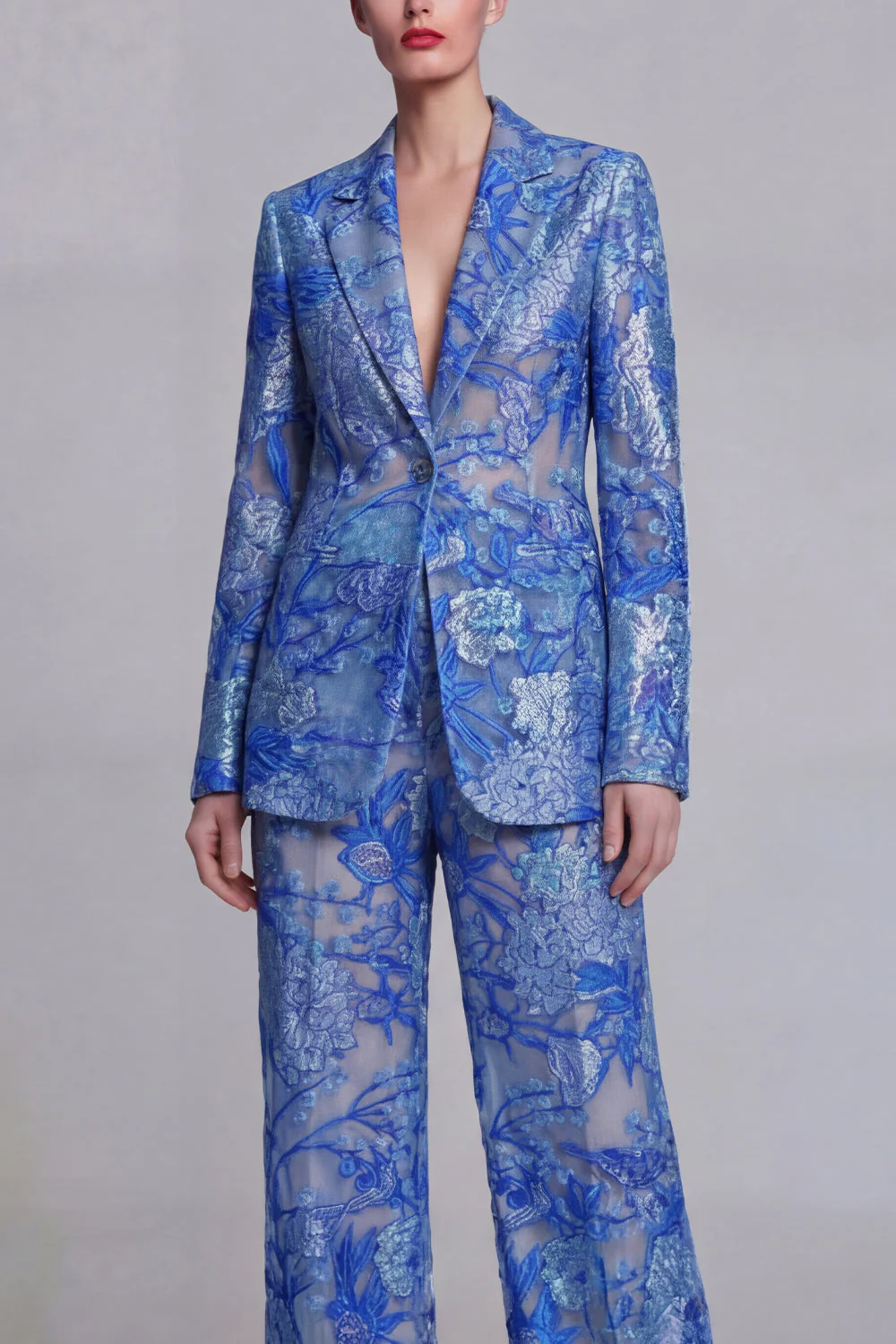 Dark Blue Floral 2 Piece Single Breasted Notched Lapel Prom Suits - Image 3