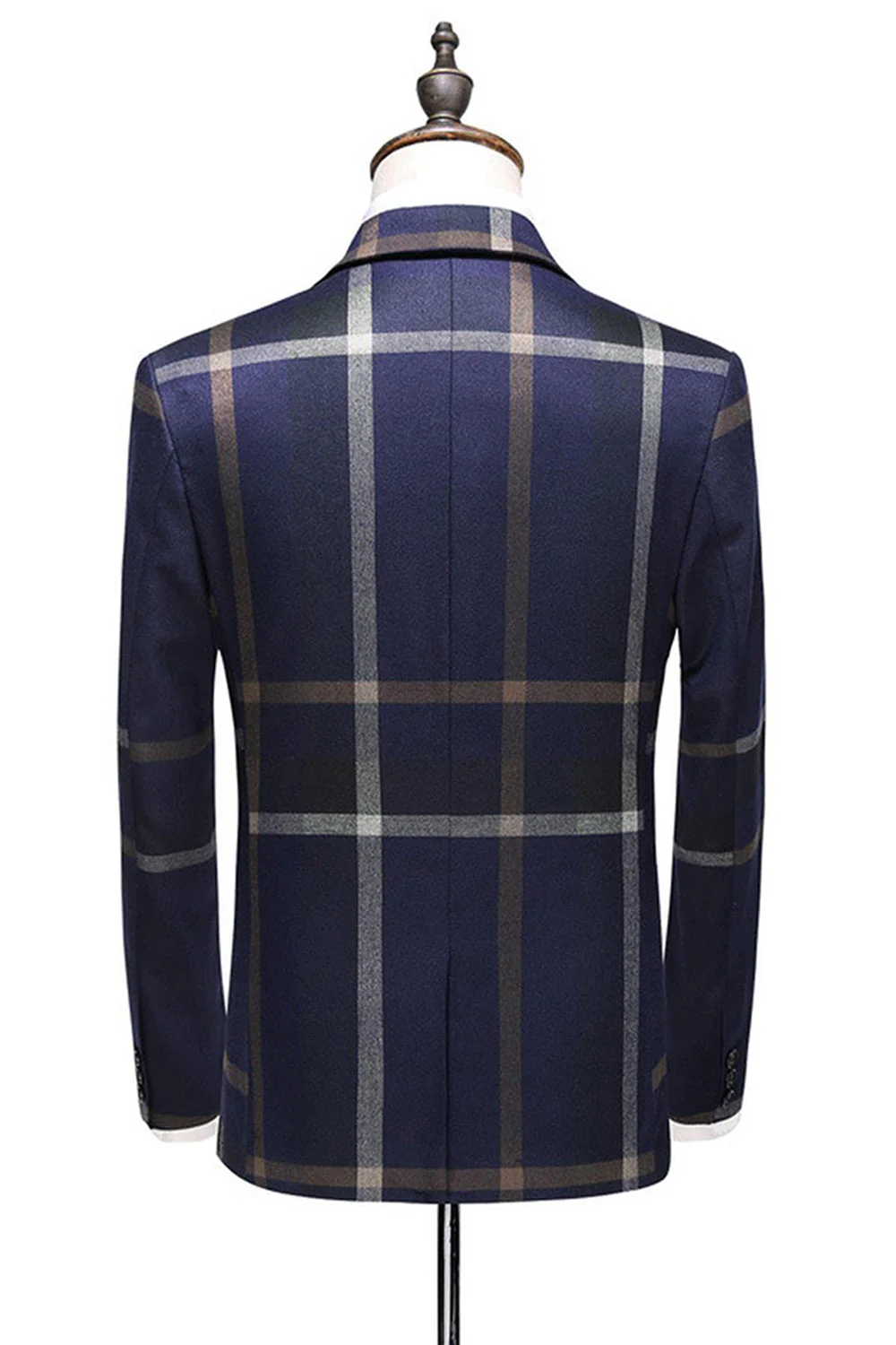 Dark Blue Notched Lapel Plaid 3-Piece Men Suits - Image 2