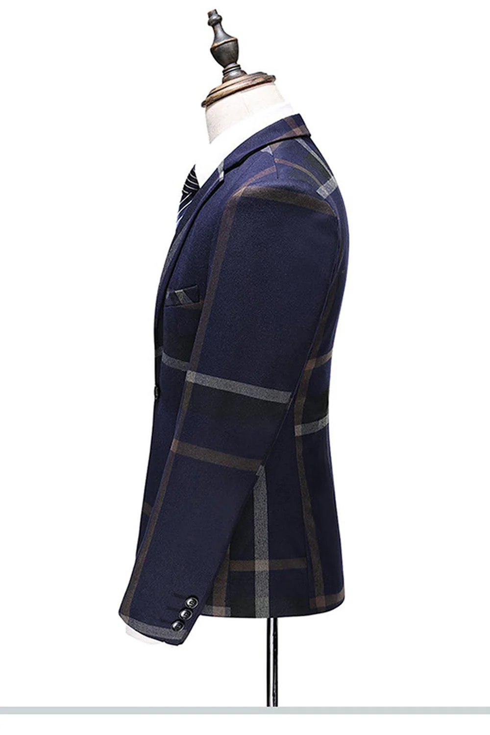Dark Blue Notched Lapel Plaid 3-Piece Men Suits - Image 3