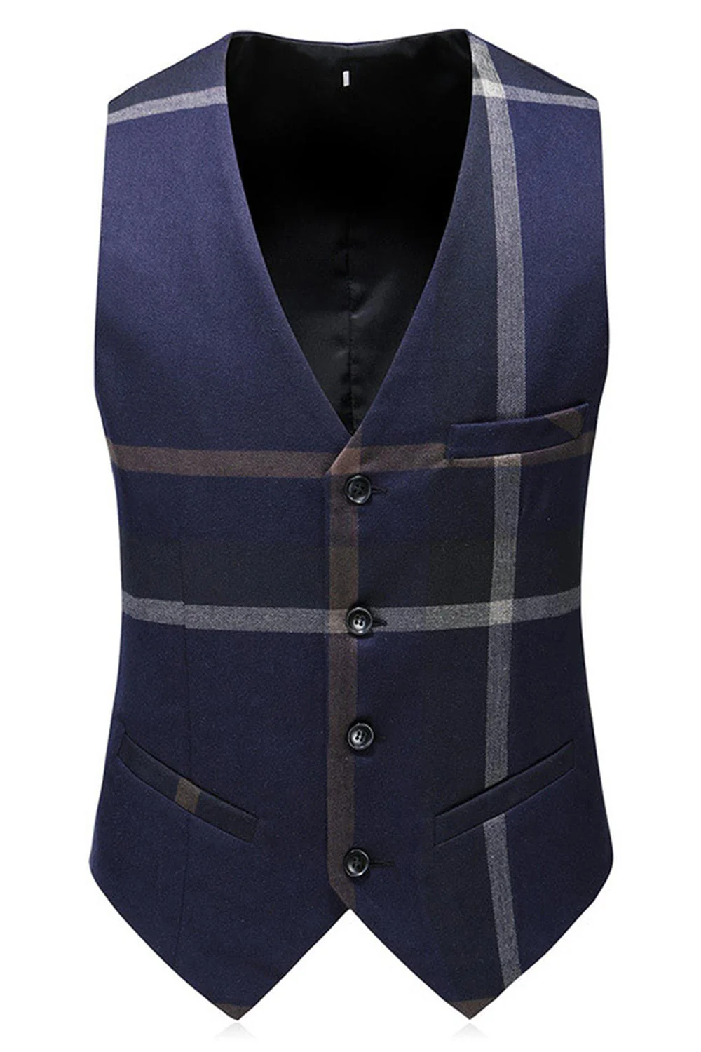 Dark Blue Notched Lapel Plaid 3-Piece Men Suits - Image 4