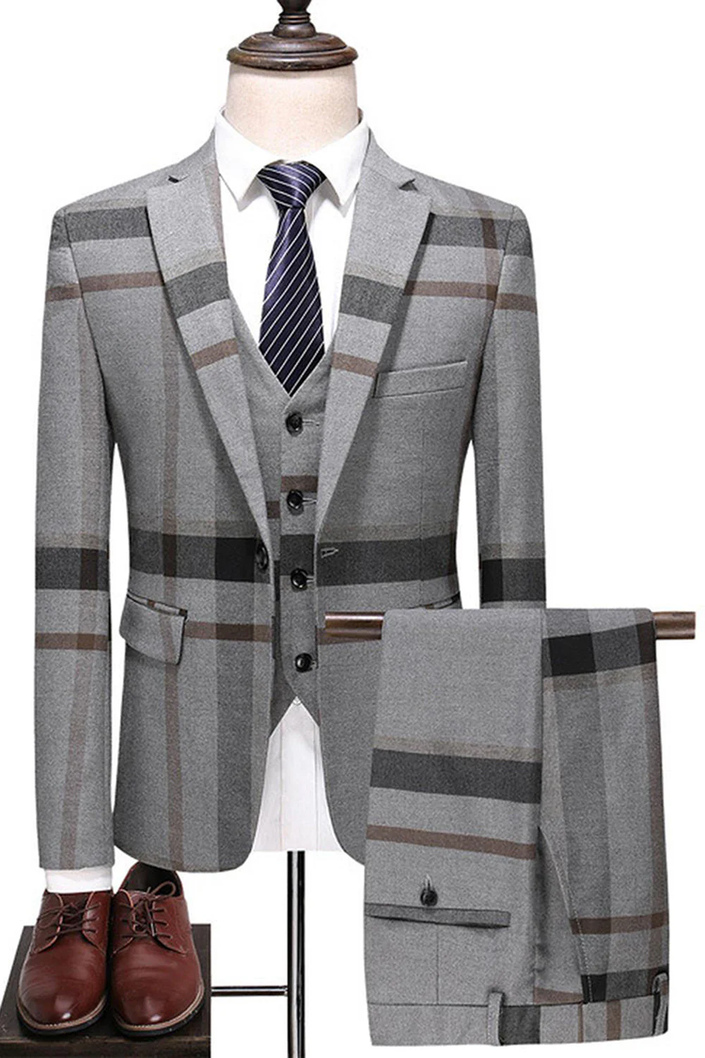 Dark Blue Notched Lapel Plaid 3-Piece Men Suits - Image 6