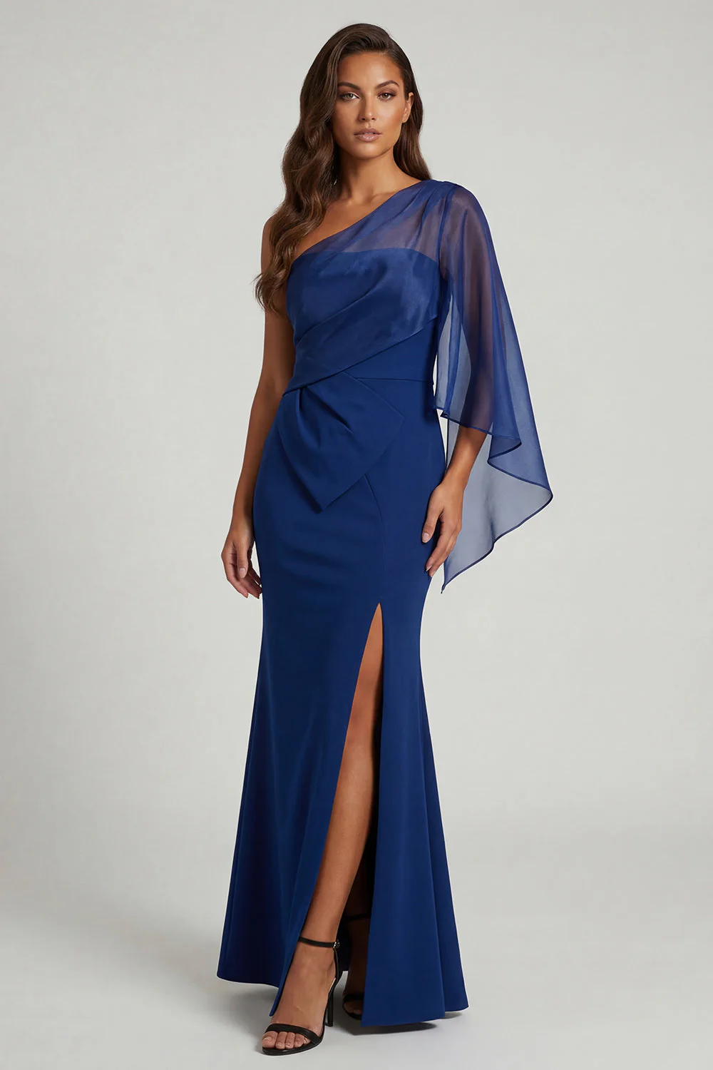 Dark Blue One Shoulder Mermaid Long Mother of the Bride Dress with Slit - Image 3