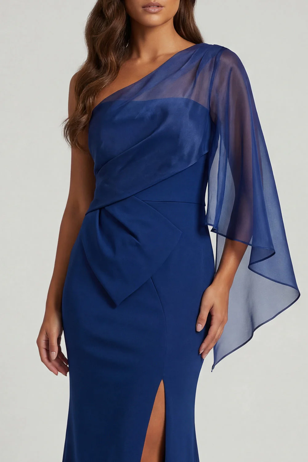 Dark Blue One Shoulder Mermaid Long Mother of the Bride Dress with Slit - Image 4