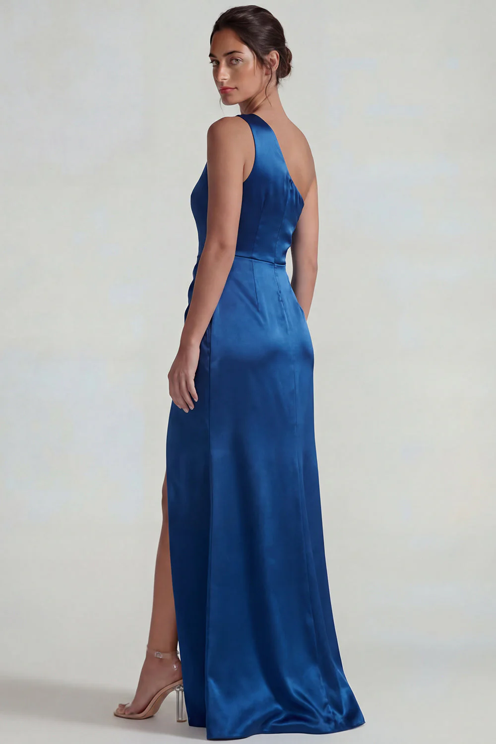 One Shoulder Dark Blue Satin Ruched Sheath Long Evening Dress with Slit - Image 2