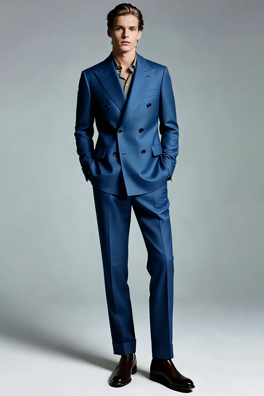 Dark Blue Peak Lapel Double Breasted Men Blazer - Image 2