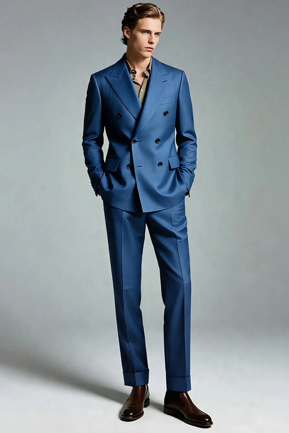 Dark Blue Peak Lapel Double Breasted Men Blazer - Image 4