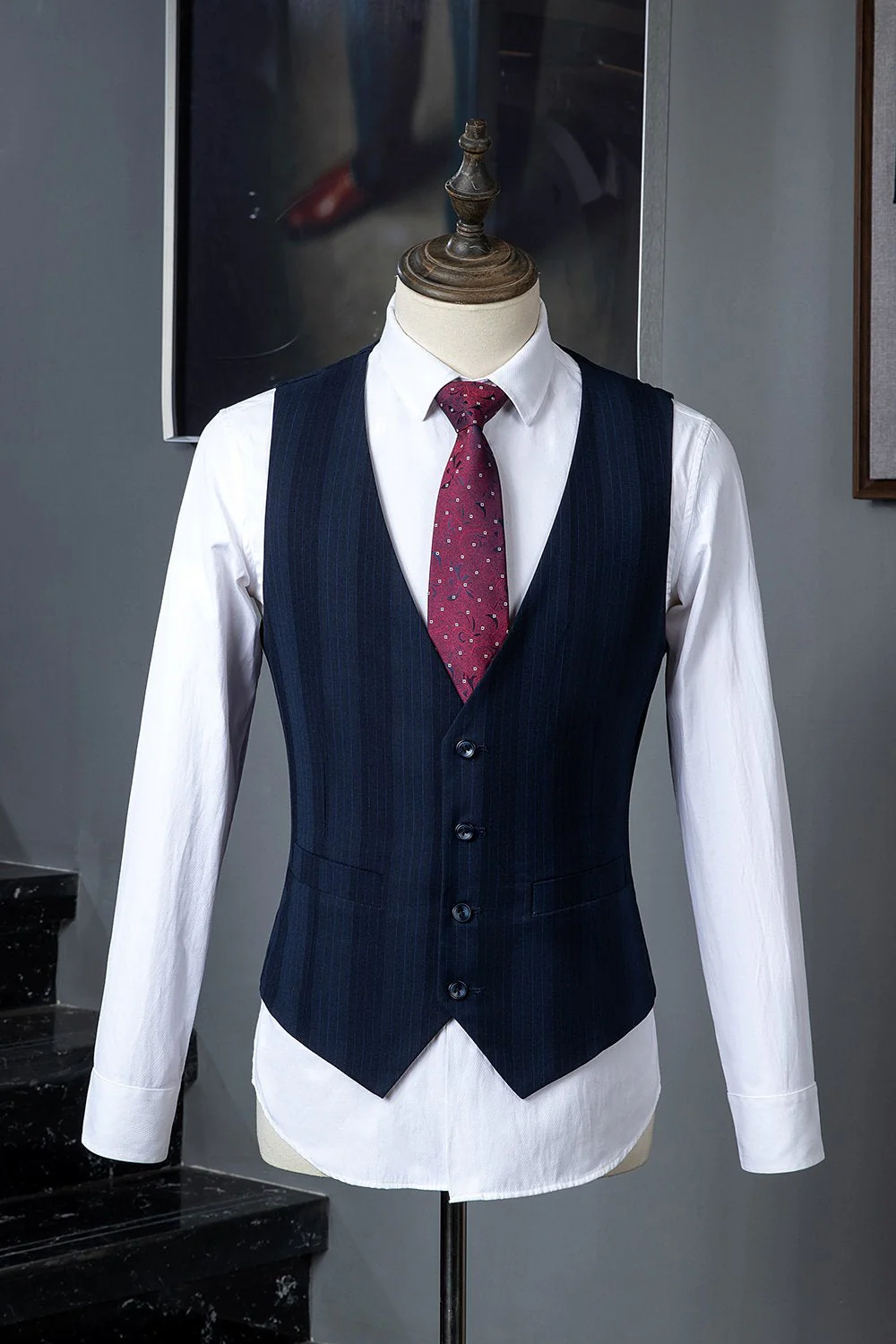 Dark Blue Pinstripe 3-Piece Double-Breasted Men's Suit - Image 4
