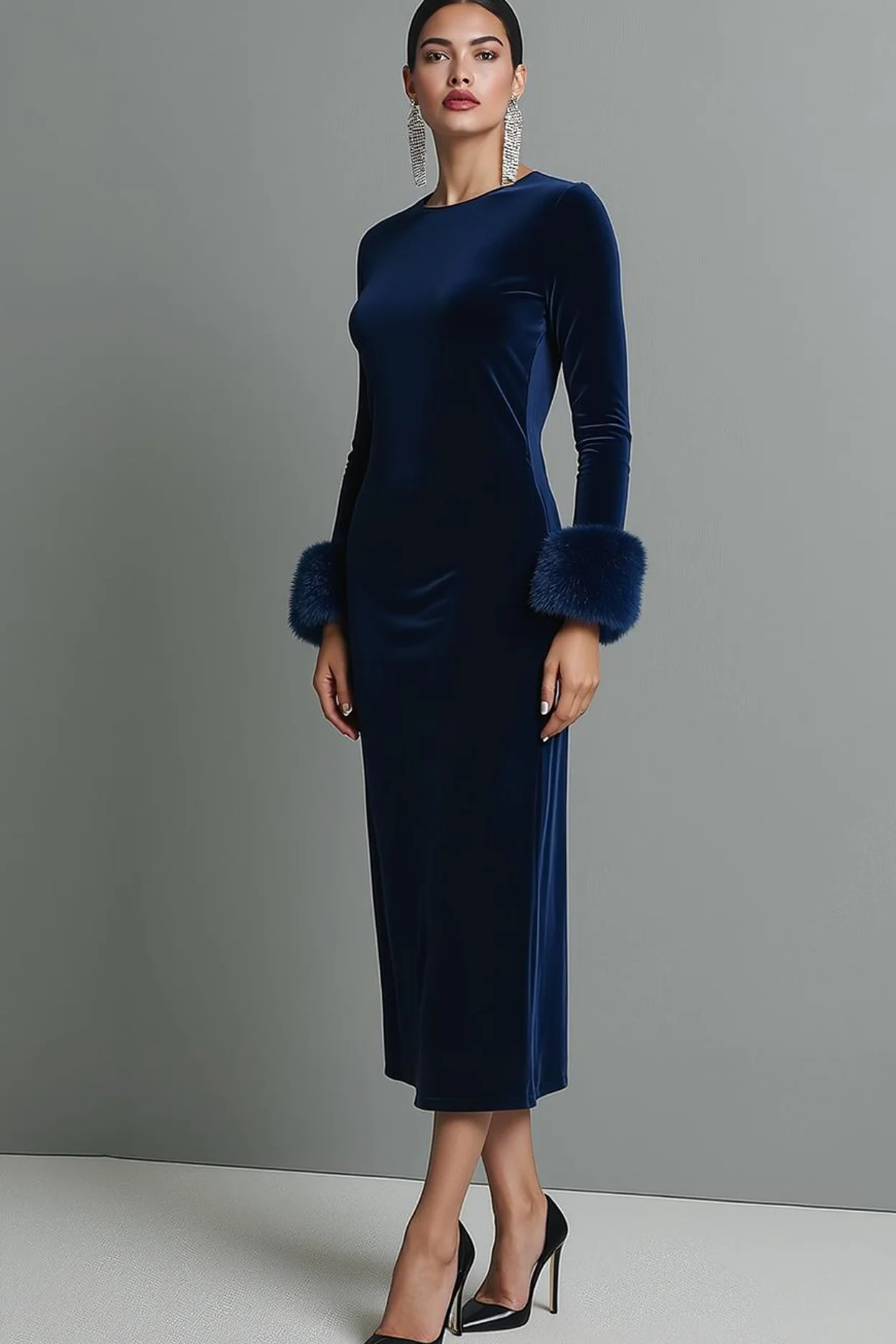 Dark Blue Round Neck Velvet Sheath Maxi Formal Dress with Long Sleeves - Image 2