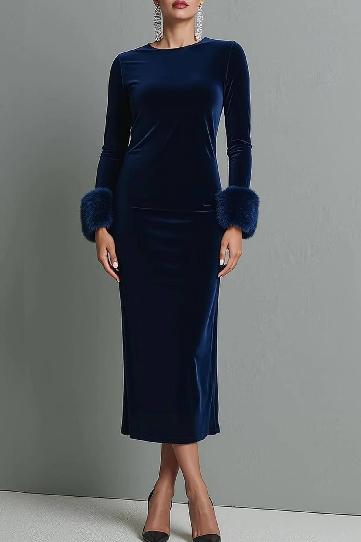 Dark Blue Round Neck Velvet Sheath Maxi Formal Dress with Long Sleeves - Image 3