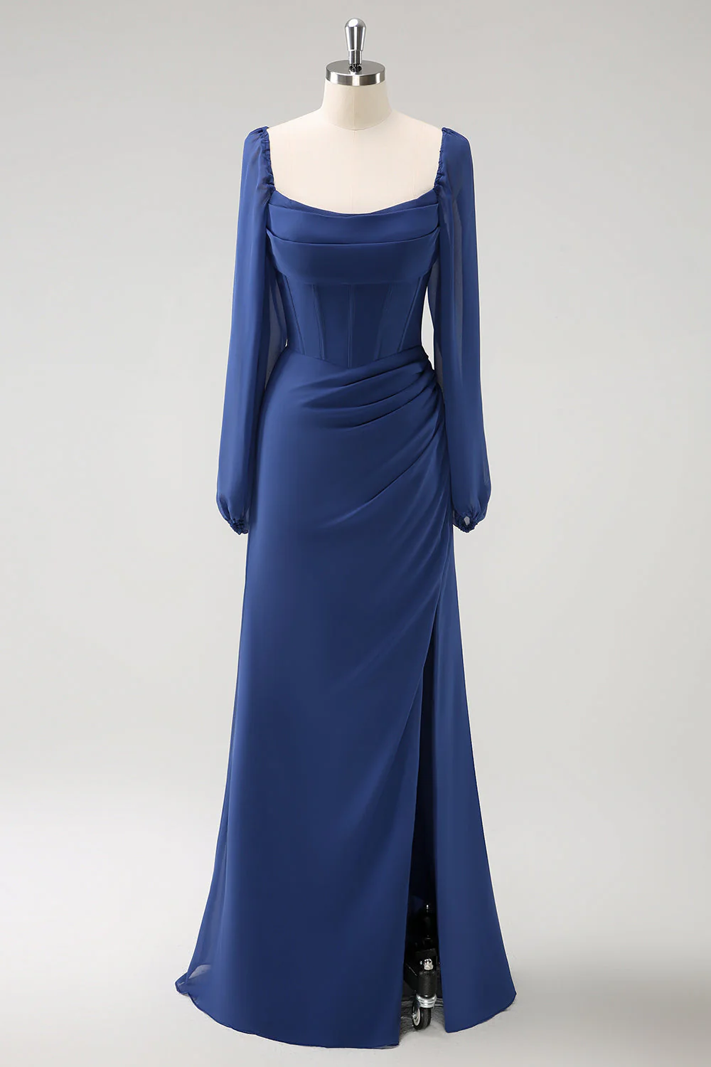 Dark Blue Sheath Corset Chiffon Long Sleeves Long Choir Dress with Slit - Image 2