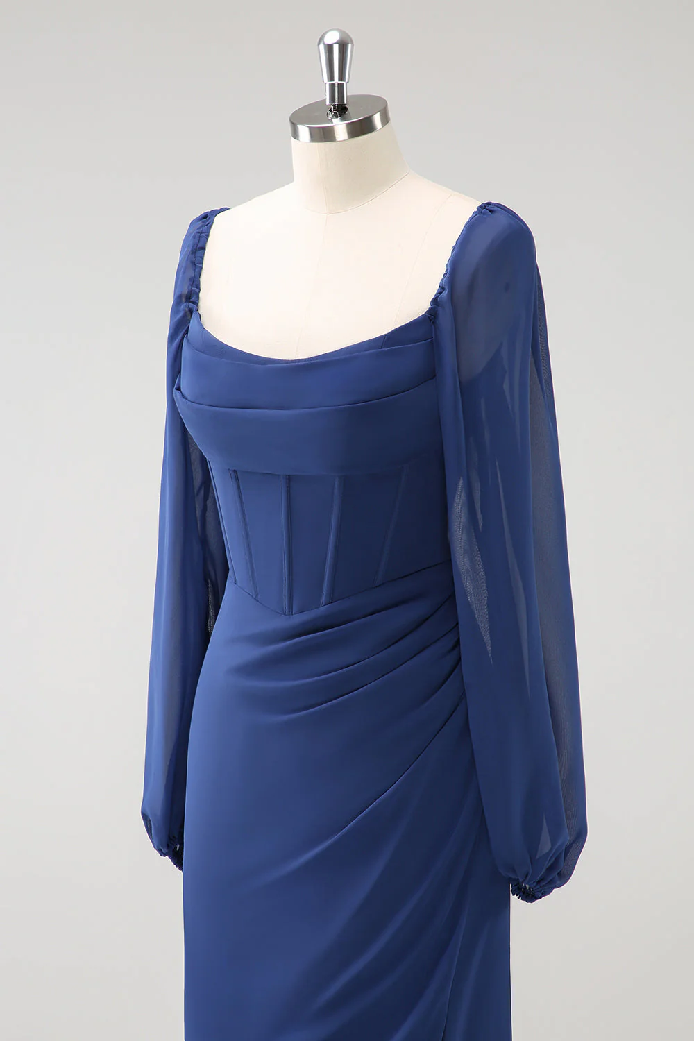 Dark Blue Sheath Corset Chiffon Long Sleeves Long Choir Dress with Slit - Image 7