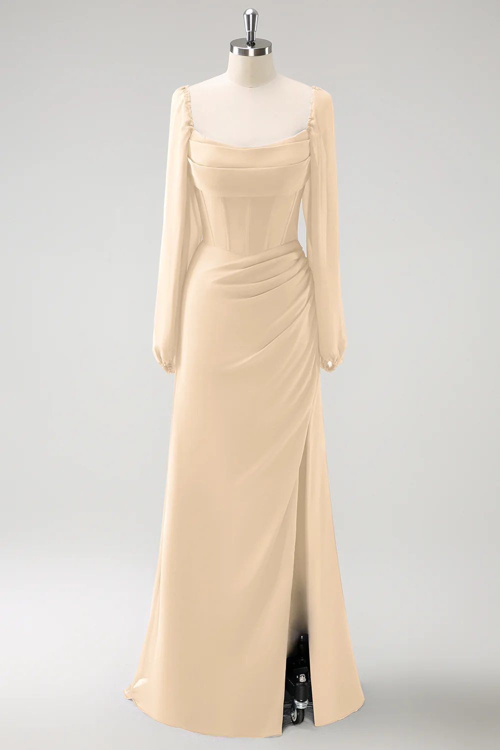 Dark Blue Sheath Square Neck Chiffon Long Sleeves Long Bridesmaid Dress with Slit - Image 11