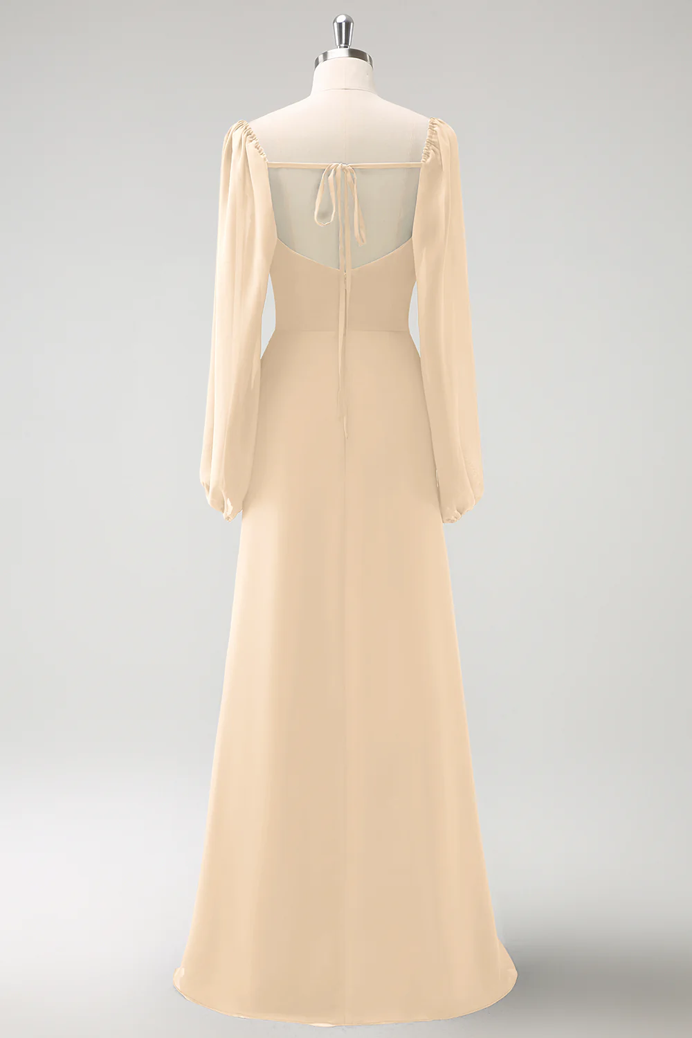 Dark Blue Sheath Square Neck Chiffon Long Sleeves Long Bridesmaid Dress with Slit - Image 12