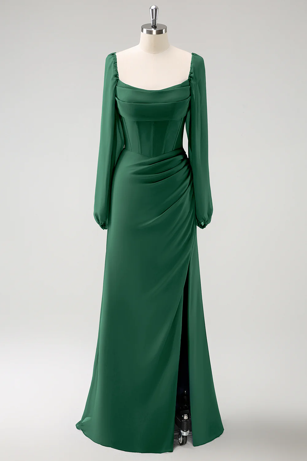 Dark Blue Sheath Square Neck Chiffon Long Sleeves Long Bridesmaid Dress with Slit - Image 13