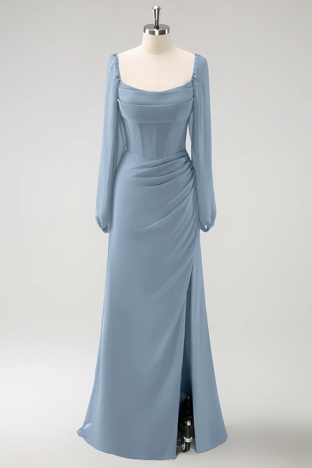 Dark Blue Sheath Square Neck Chiffon Long Sleeves Long Bridesmaid Dress with Slit - Image 15