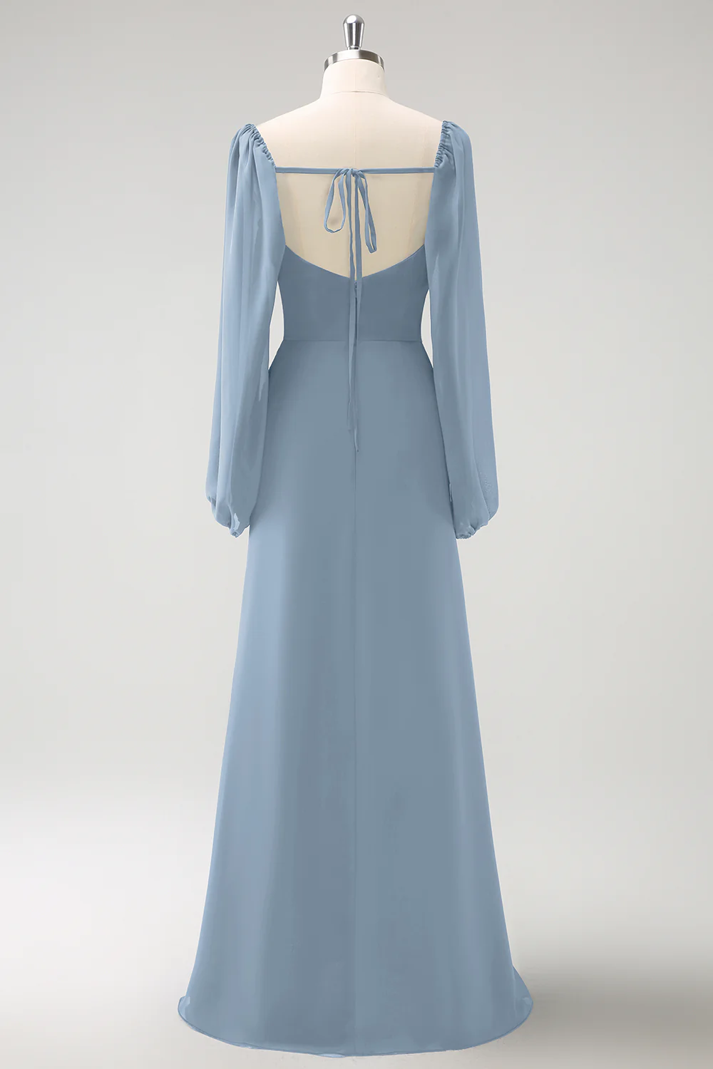 Dark Blue Sheath Square Neck Chiffon Long Sleeves Long Bridesmaid Dress with Slit - Image 16