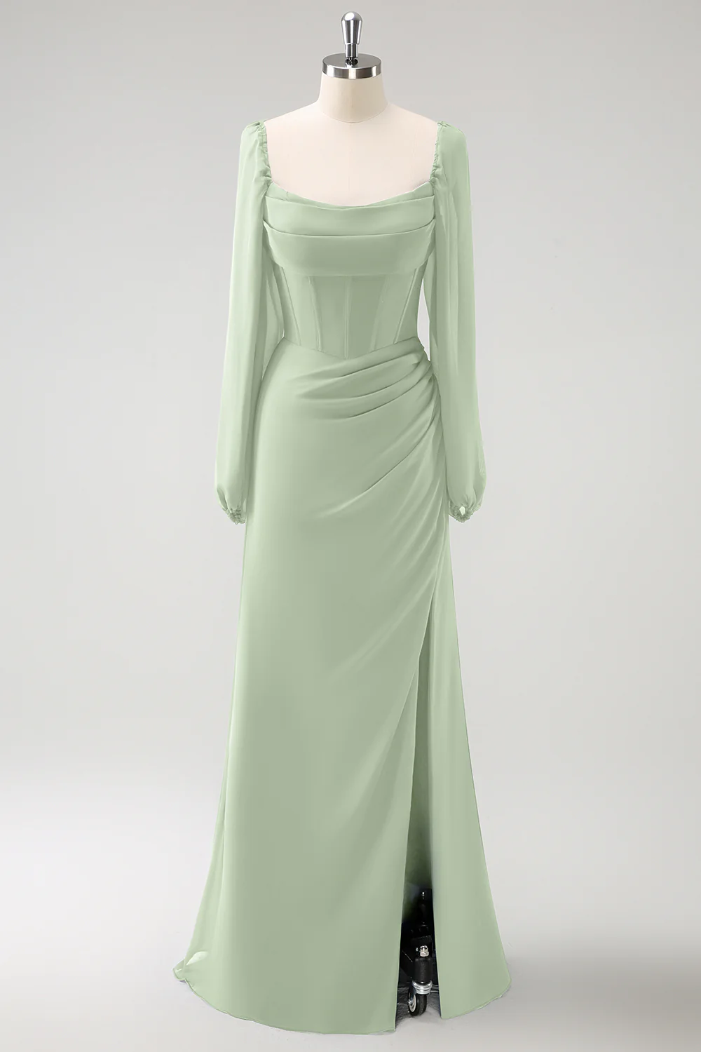 Dark Blue Sheath Square Neck Chiffon Long Sleeves Long Bridesmaid Dress with Slit - Image 17