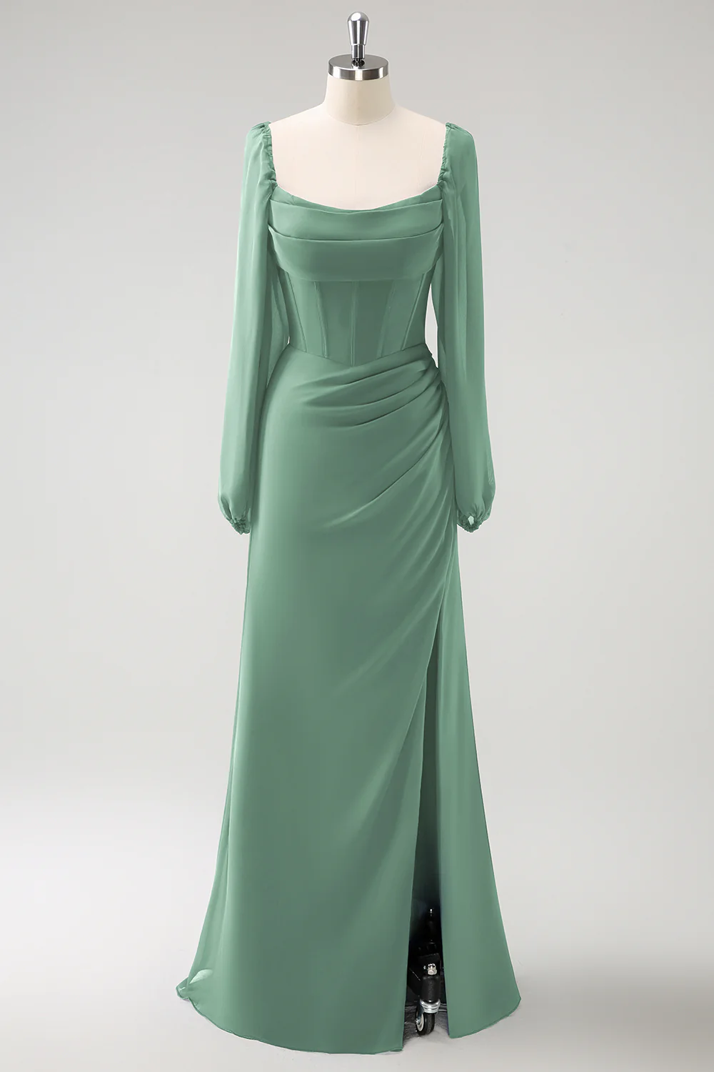 Dark Blue Sheath Square Neck Chiffon Long Sleeves Long Bridesmaid Dress with Slit - Image 19