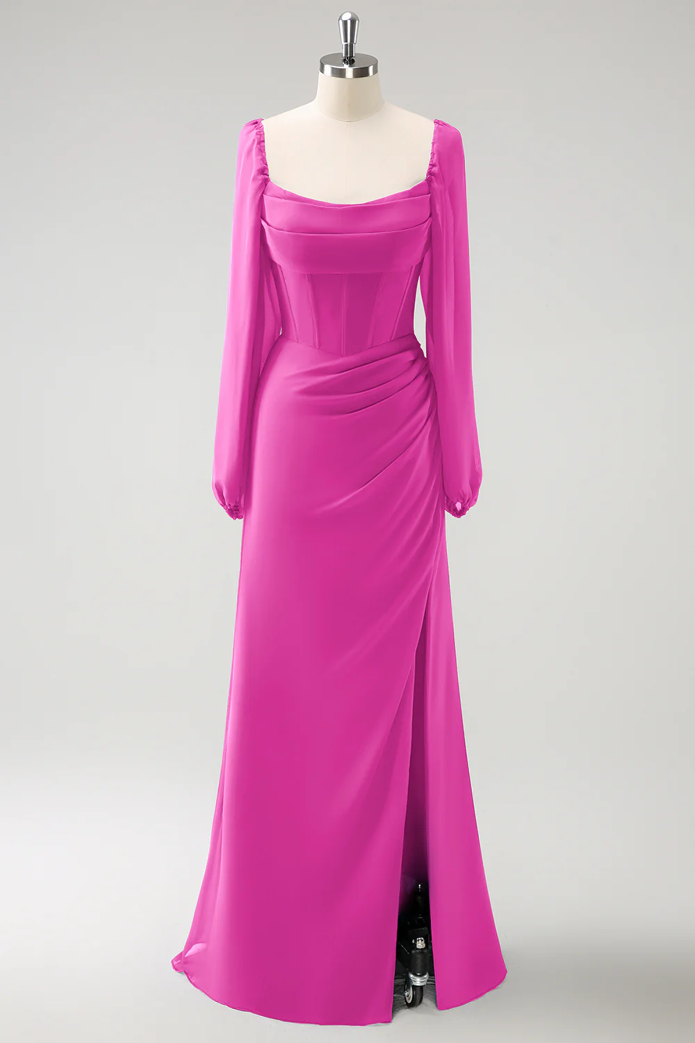Dark Blue Sheath Square Neck Chiffon Long Sleeves Long Bridesmaid Dress with Slit - Image 21