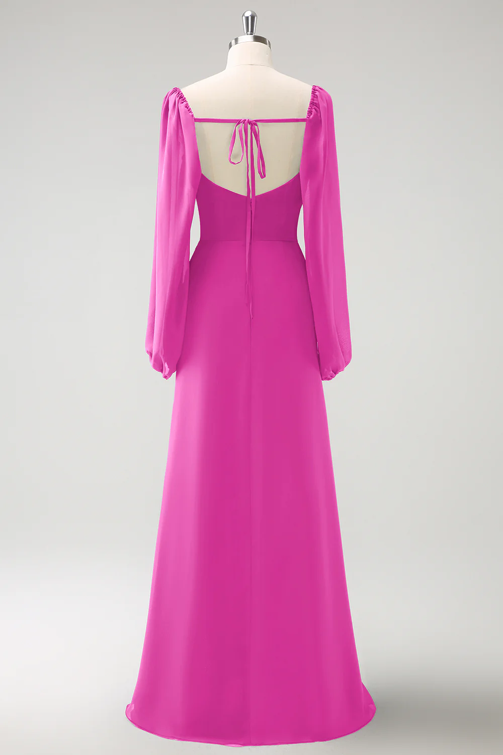 Dark Blue Sheath Square Neck Chiffon Long Sleeves Long Bridesmaid Dress with Slit - Image 22