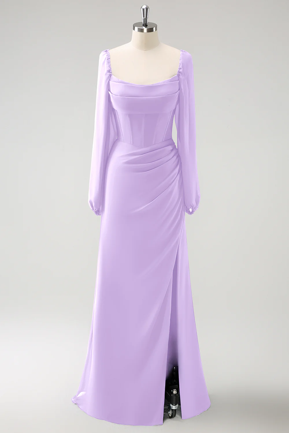Dark Blue Sheath Square Neck Chiffon Long Sleeves Long Bridesmaid Dress with Slit - Image 23