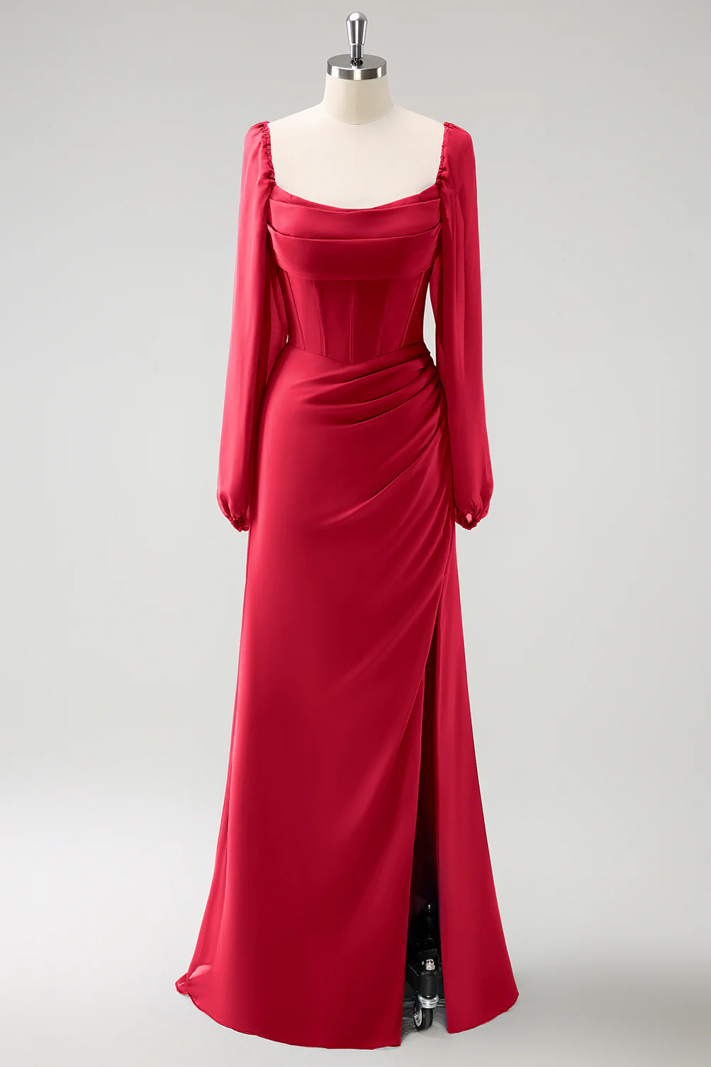 Dark Blue Sheath Square Neck Chiffon Long Sleeves Long Bridesmaid Dress with Slit - Image 25