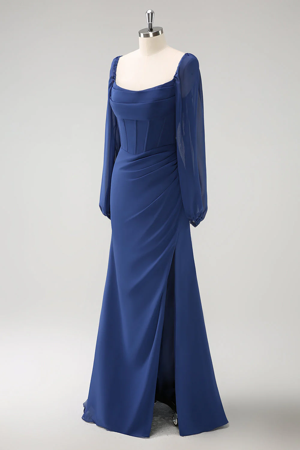 Dark Blue Sheath Square Neck Chiffon Long Sleeves Long Bridesmaid Dress with Slit - Image 3
