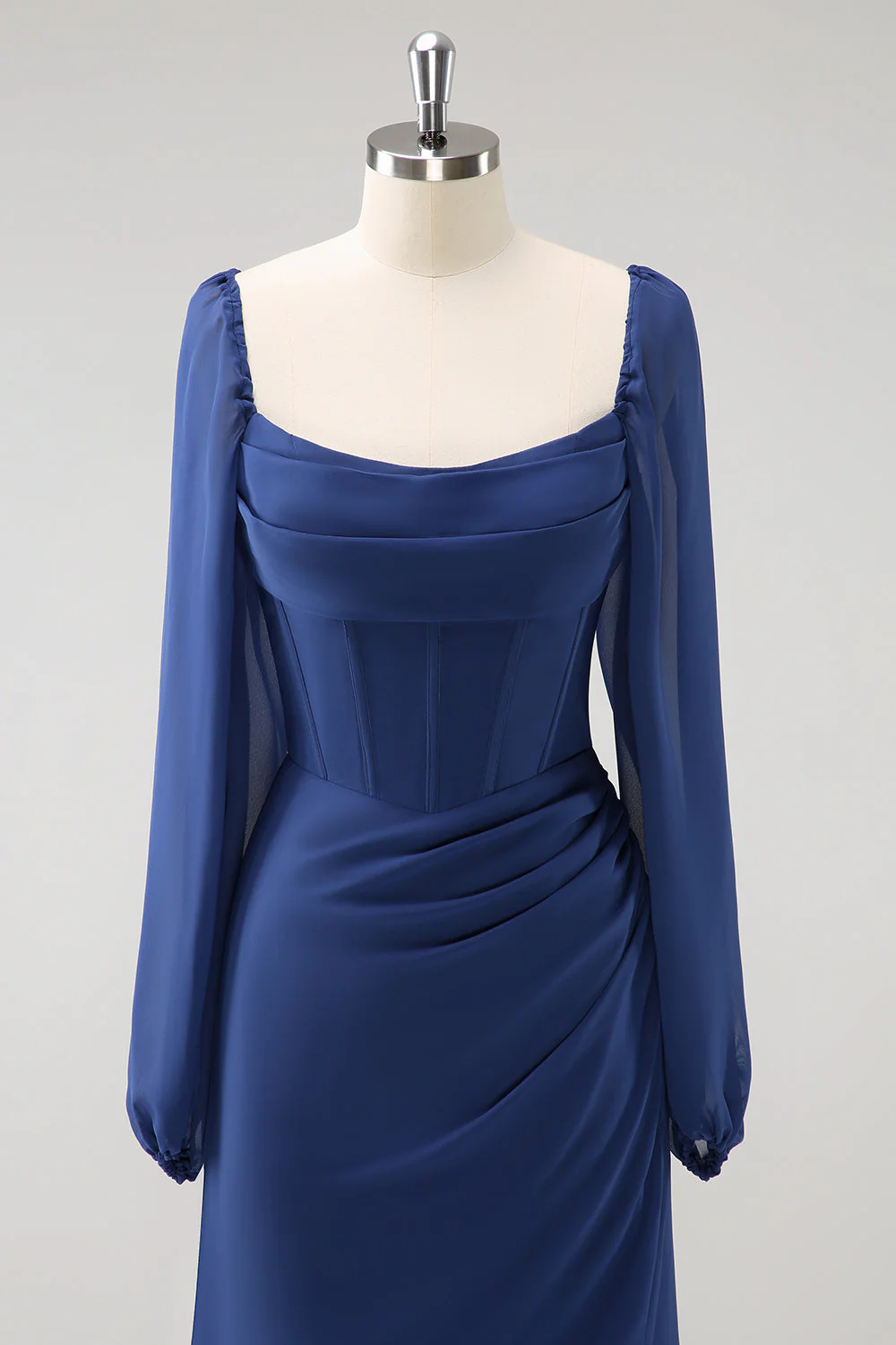 Dark Blue Sheath Square Neck Chiffon Long Sleeves Long Bridesmaid Dress with Slit - Image 4