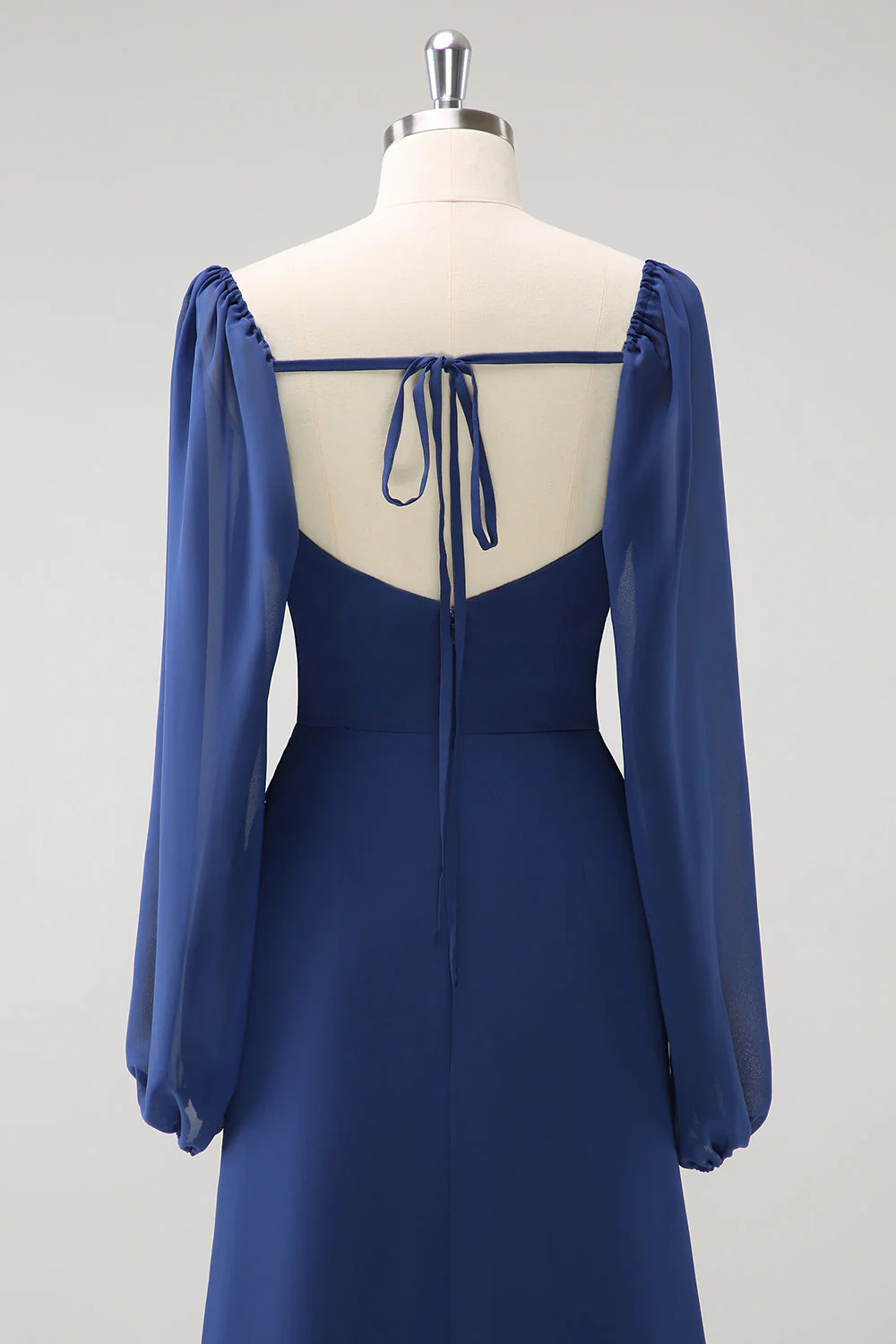 Dark Blue Sheath Square Neck Chiffon Long Sleeves Long Bridesmaid Dress with Slit - Image 5