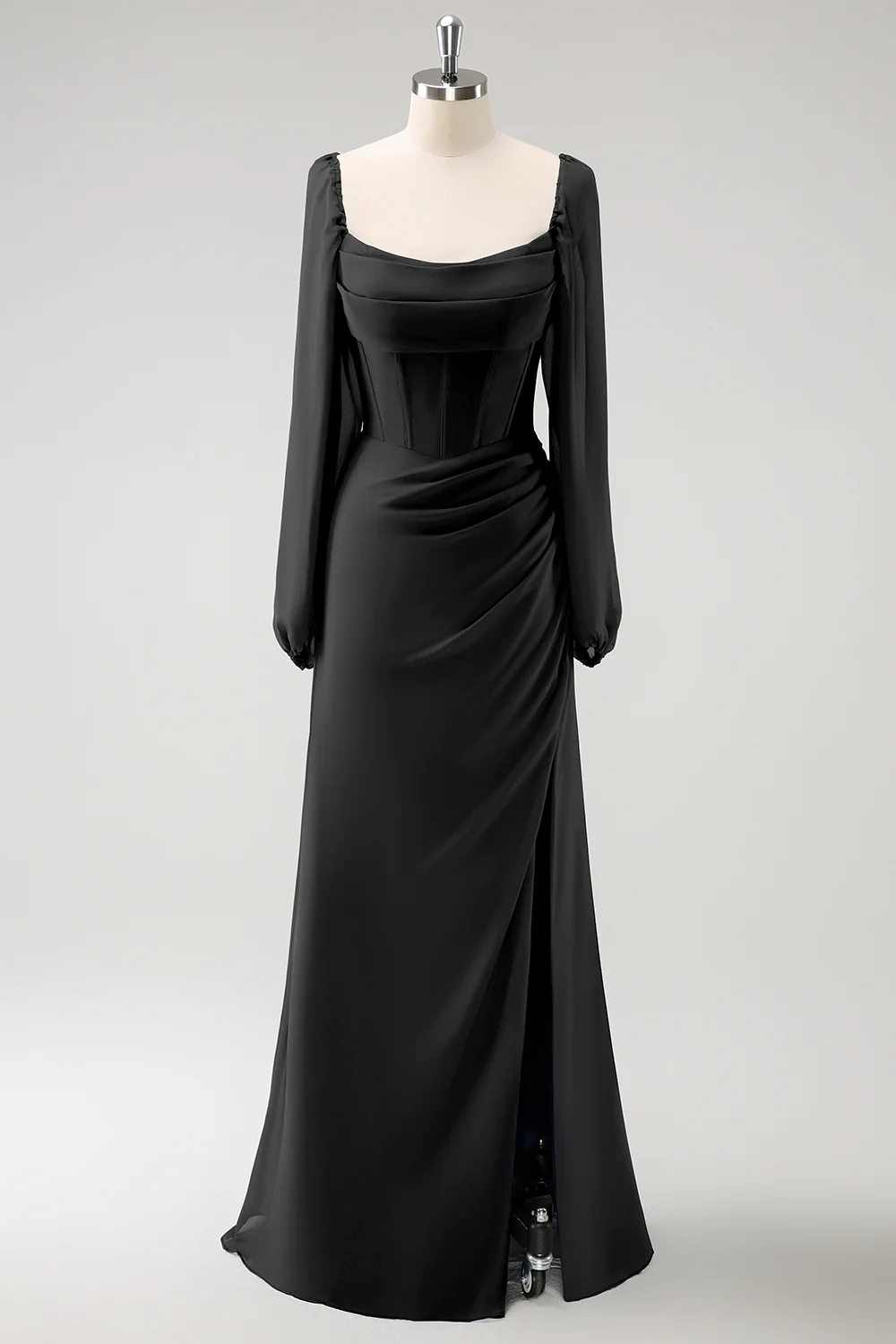 Dark Blue Sheath Square Neck Chiffon Long Sleeves Long Bridesmaid Dress with Slit - Image 7