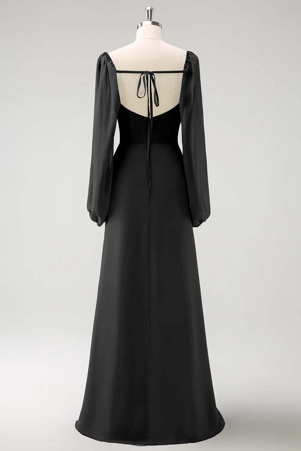 Dark Blue Sheath Square Neck Chiffon Long Sleeves Long Bridesmaid Dress with Slit - Image 8