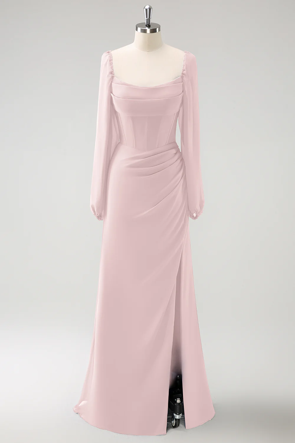 Dark Blue Sheath Square Neck Chiffon Long Sleeves Long Bridesmaid Dress with Slit - Image 9