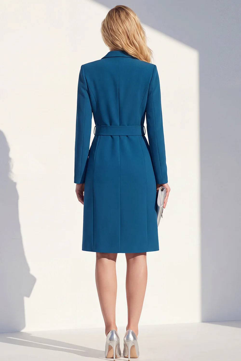 Dark Blue Single Breasted Peak Lapel Blazer Dress with Belt - Image 4