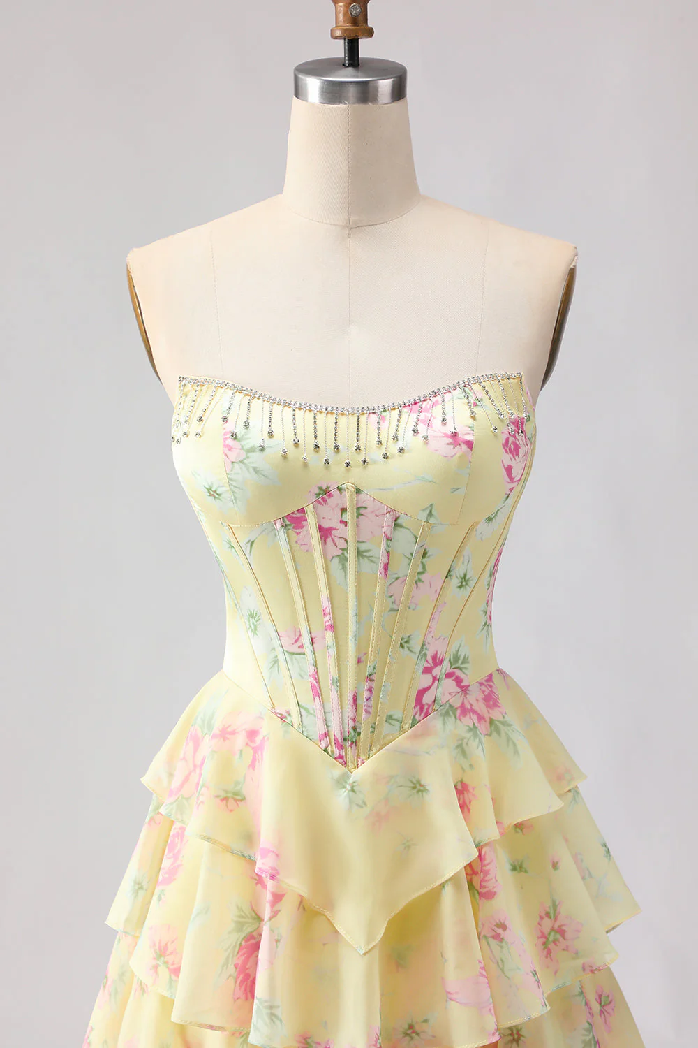 Dark Blue Strapless A-line Corset Bodice Floral Long Prom Dress with Chiffon Ruffle Skirt - Image 10