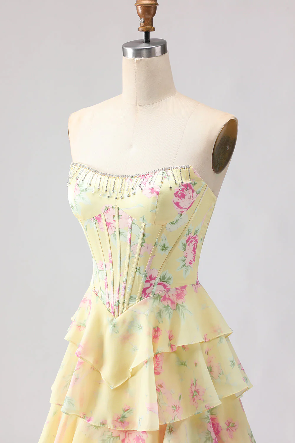 Dark Blue Strapless A-line Corset Bodice Floral Long Prom Dress with Chiffon Ruffle Skirt - Image 11