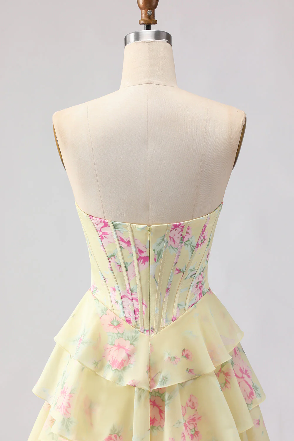 Dark Blue Strapless A-line Corset Bodice Floral Long Prom Dress with Chiffon Ruffle Skirt - Image 12