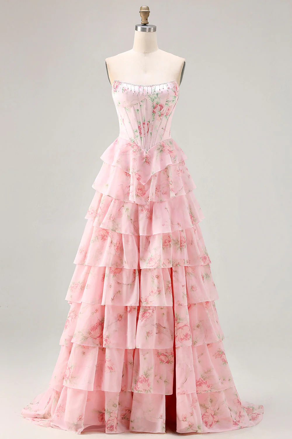 Dark Blue Strapless A-line Corset Bodice Floral Long Prom Dress with Chiffon Ruffle Skirt - Image 13