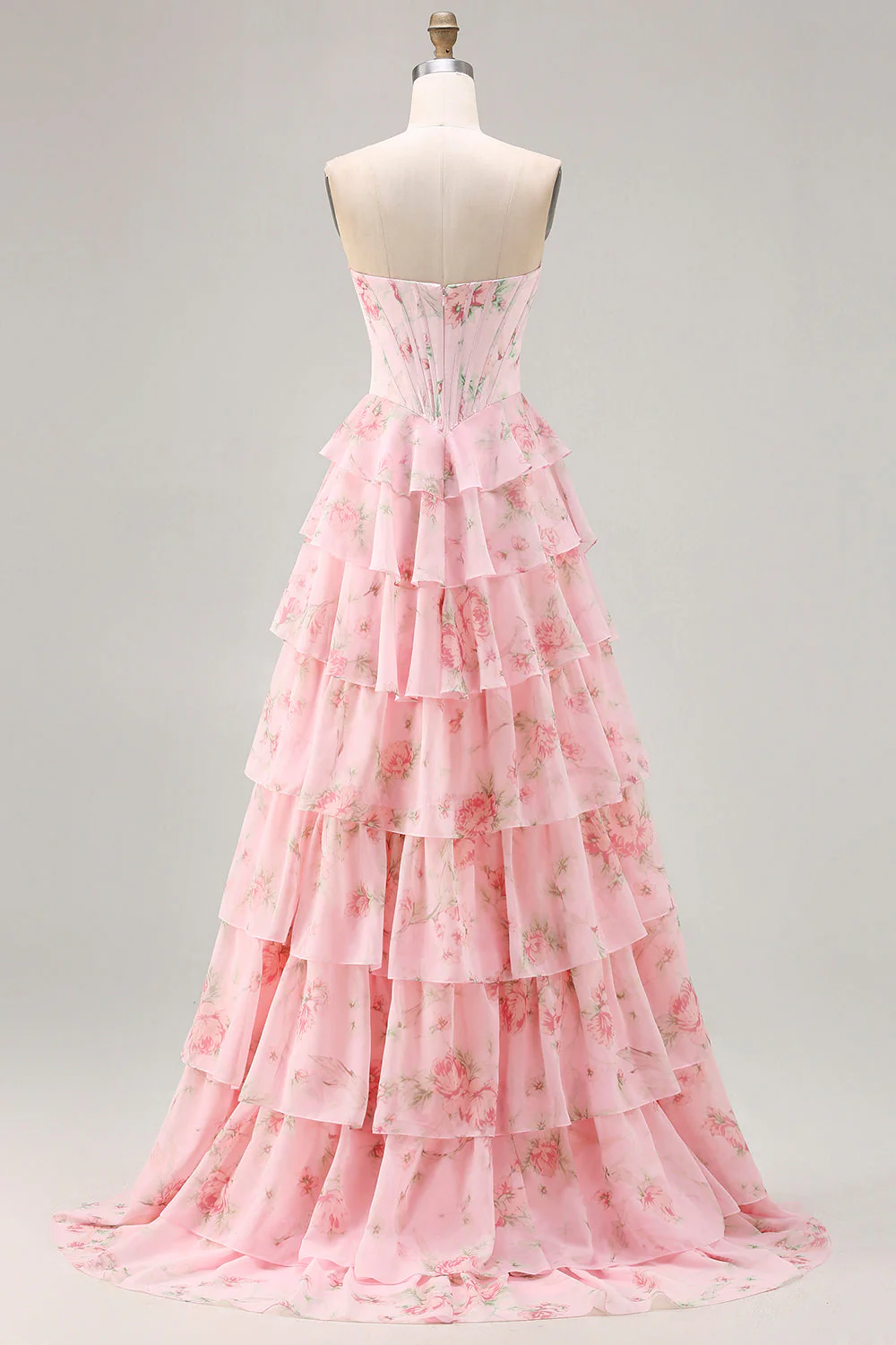 Dark Blue Strapless A-line Corset Bodice Floral Long Prom Dress with Chiffon Ruffle Skirt - Image 14