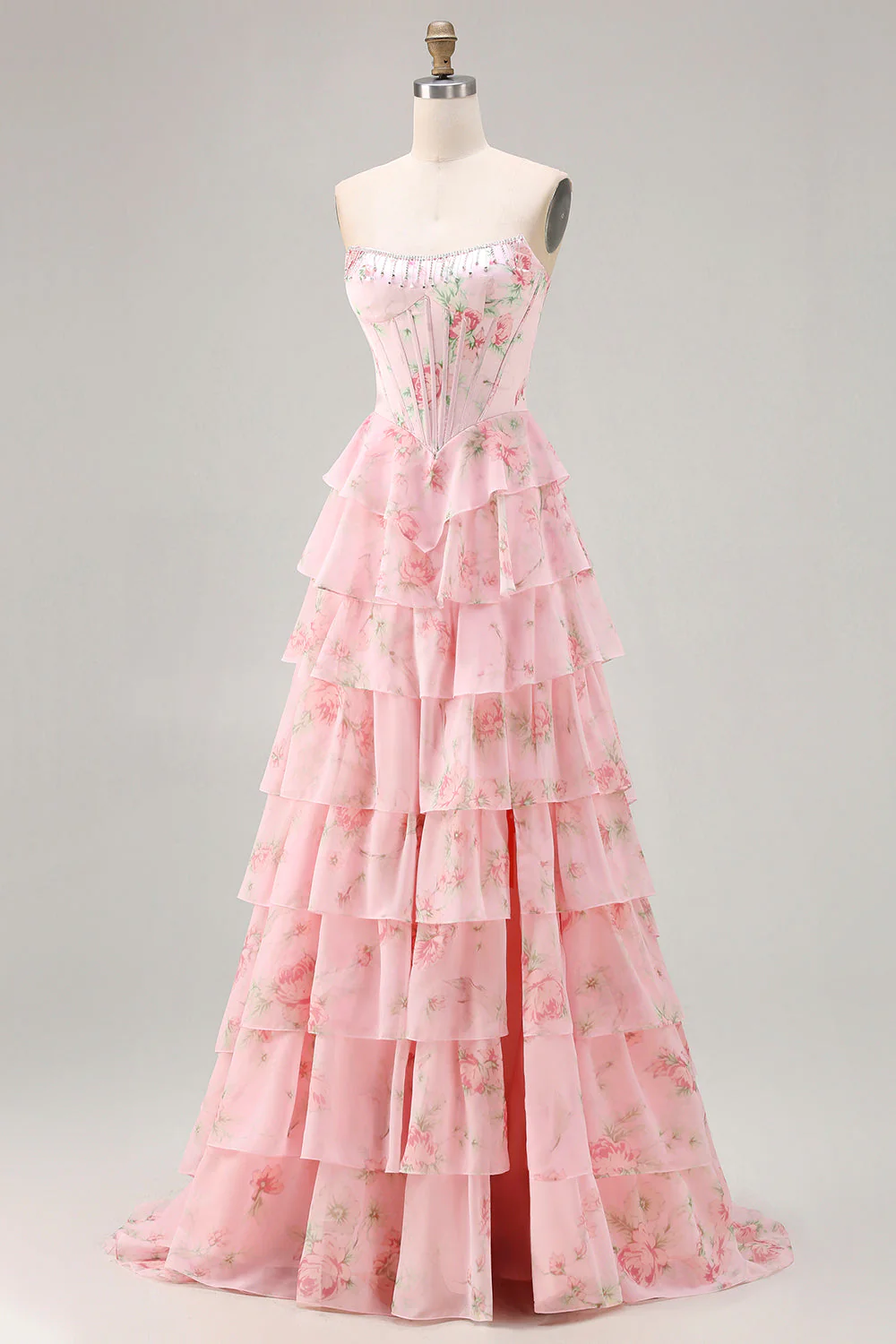 Dark Blue Strapless A-line Corset Bodice Floral Long Prom Dress with Chiffon Ruffle Skirt - Image 15