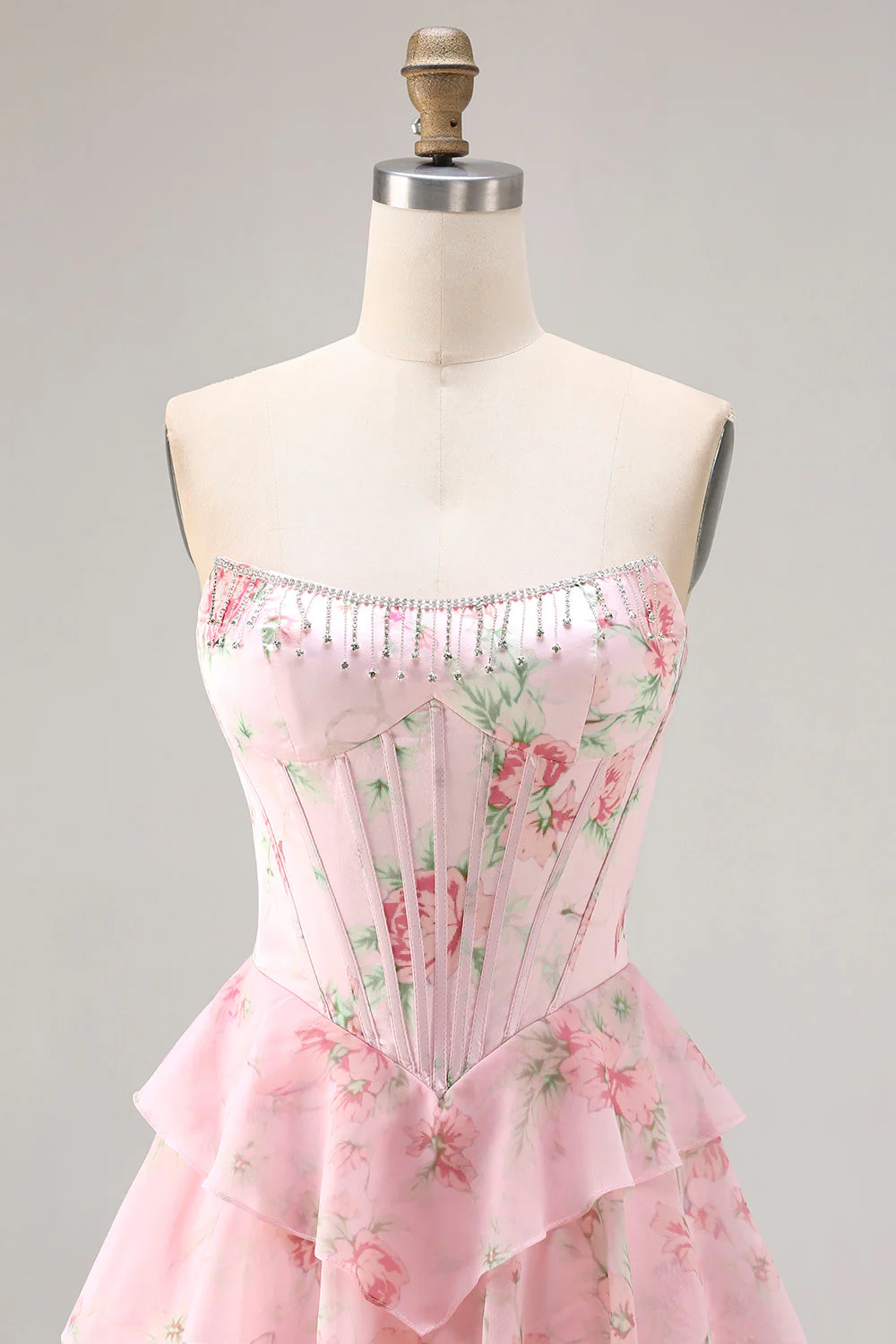 Dark Blue Strapless A-line Corset Bodice Floral Long Prom Dress with Chiffon Ruffle Skirt - Image 16