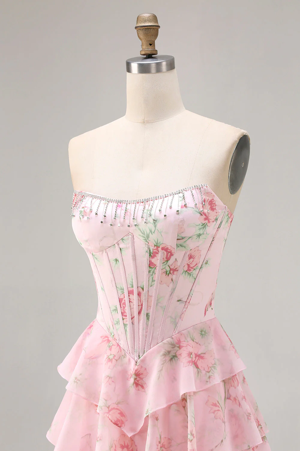 Dark Blue Strapless A-line Corset Bodice Floral Long Prom Dress with Chiffon Ruffle Skirt - Image 18