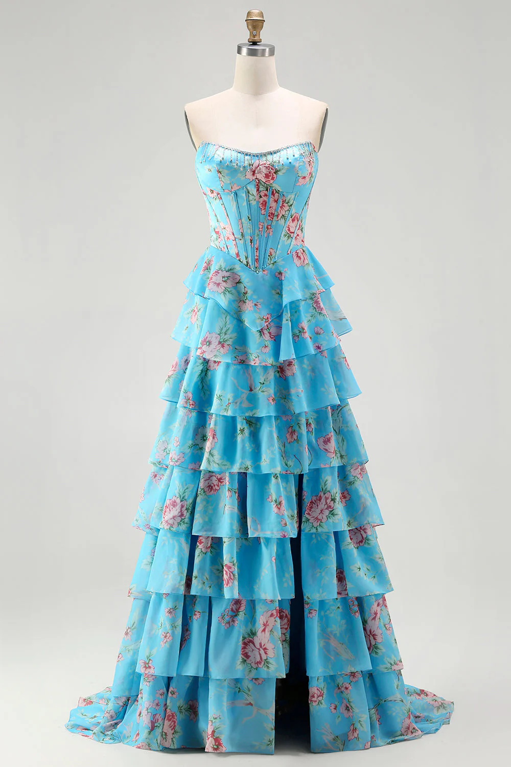 Dark Blue Strapless A-line Corset Bodice Floral Long Prom Dress with Chiffon Ruffle Skirt - Image 19
