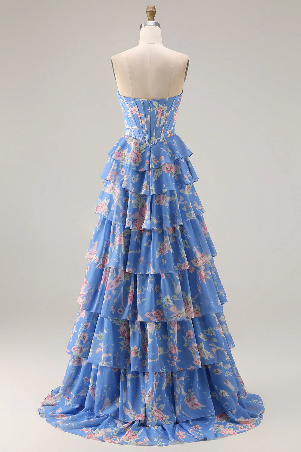 Dark Blue Strapless A-line Corset Bodice Floral Long Prom Dress with Chiffon Ruffle Skirt - Image 2
